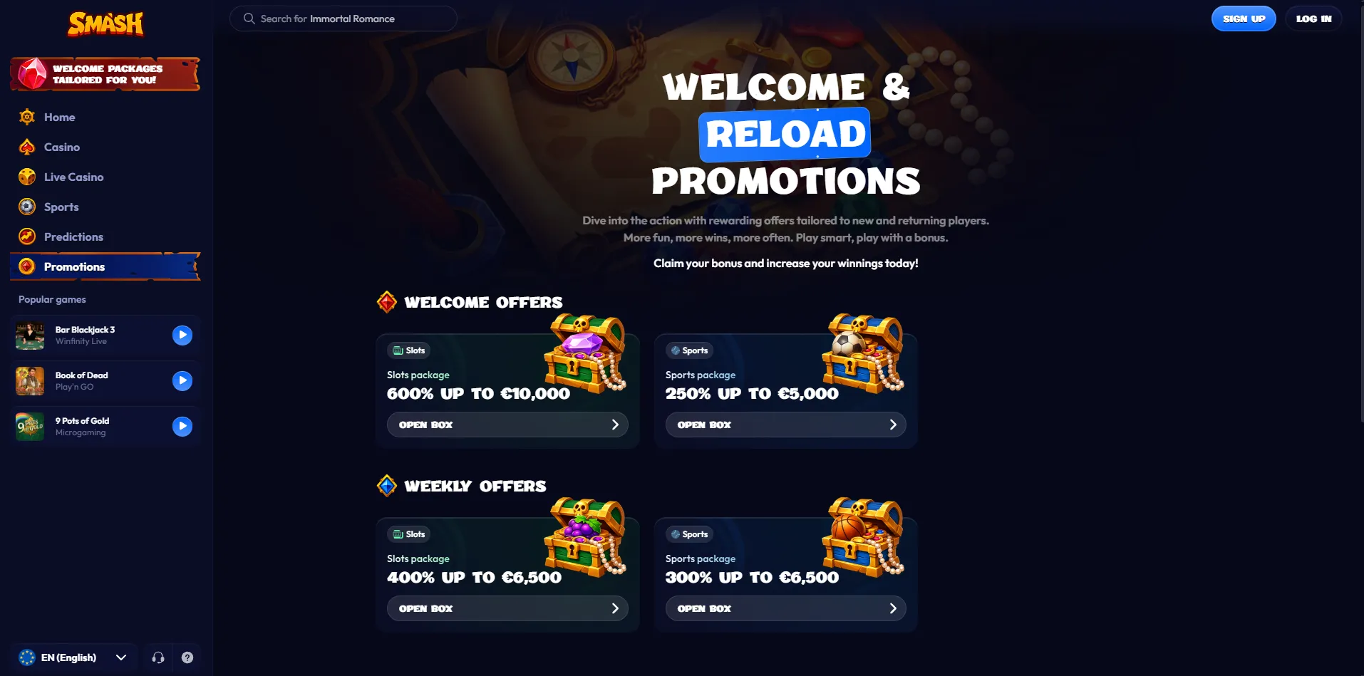 Smash Casino lobby and gaming categories